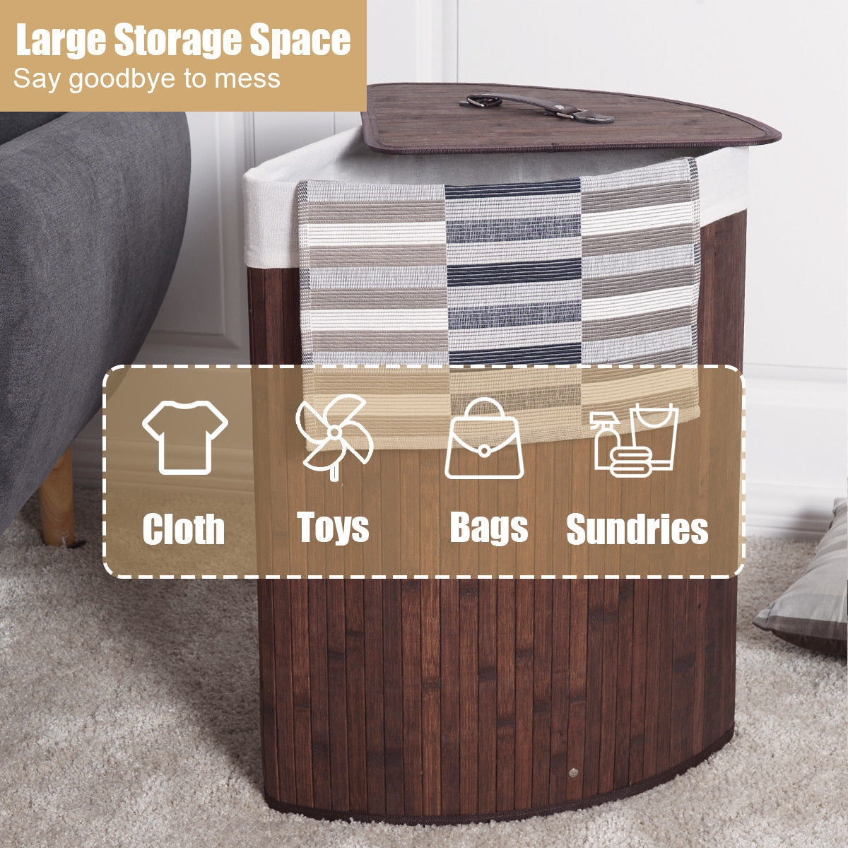 Corner Bamboo Hamper Laundry Basket-Natural