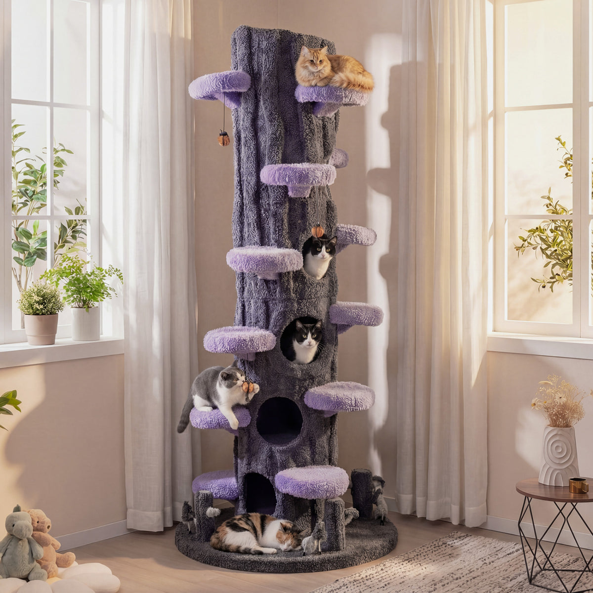 90.5 Inch Tall Multifunctional Cat Tree with Private Condos for Indoor Cats-Purple