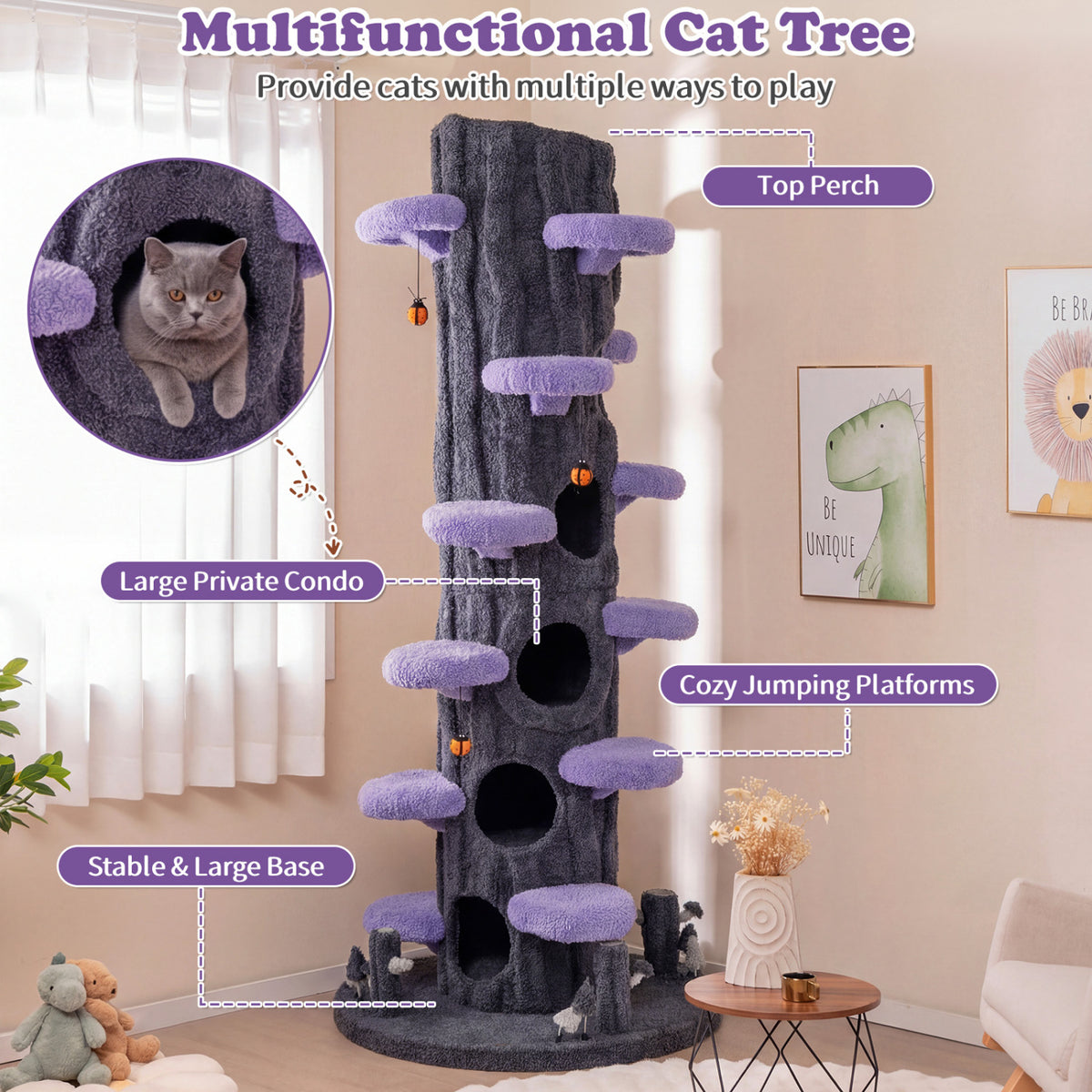 90.5 Inch Tall Multifunctional Cat Tree with Private Condos for Indoor Cats-Purple