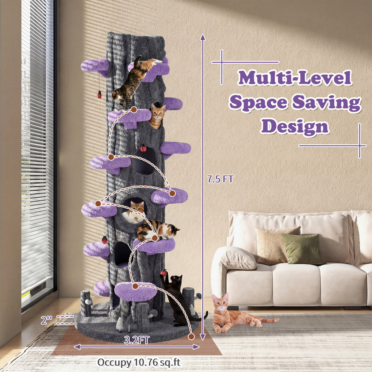 90.5 Inch Tall Multifunctional Cat Tree with Private Condos for Indoor Cats-Purple