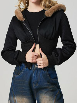 Black Fuzzy Hem Hooded Zip-Up Jacket With Long Sleeves and Casual Style Jacket
