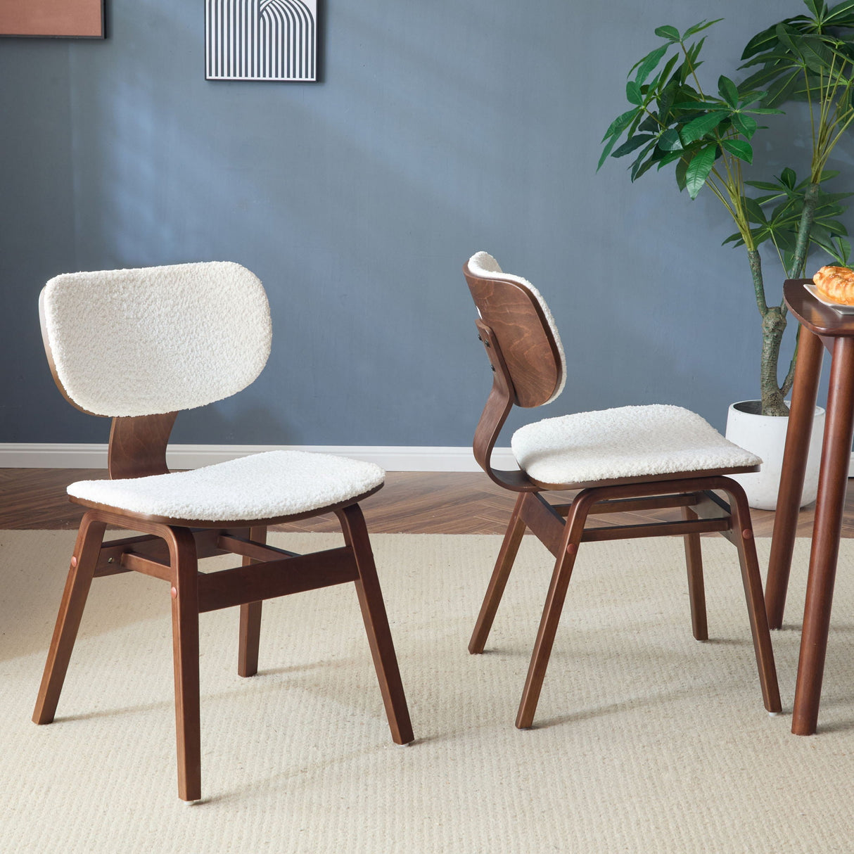 Modern Boucle Fabric Upholstered Side Chair, Bentwood Frame - White / Walnut
