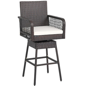 29 Inches Patio 360° Swivel Bar Stool with Cross-Woven Armrests and Seat Cushion-White