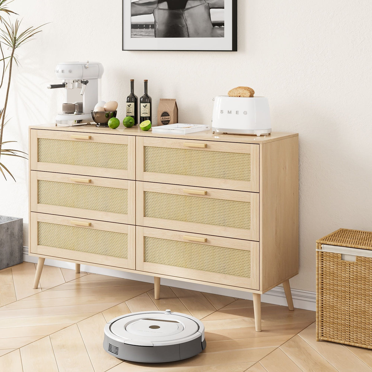 Rattan 6 Drawers Chest Of Dressers For Bedroom, Modern 6 Drawer Dresser, Wide Chest Of Drawers With Wood Handles, Rattan Dresser Storage Cabinet For Living Room, Bedroom, Hallway - Natural Wood / Oak by Couch.com