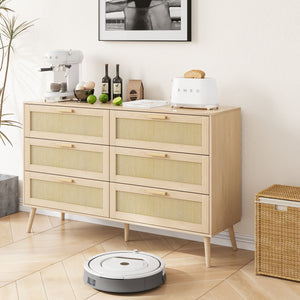 Rattan 6 Drawers Chest Of Dressers For Bedroom, Modern 6 Drawer Dresser, Wide Chest Of Drawers With Wood Handles, Rattan Dresser Storage Cabinet For Living Room, Bedroom, Hallway - Natural Wood / Oak by Couch.com