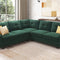The HONBAY Convertible Sectional Reversible Apartment, an L-shaped green sofa with button-tufted cushions, is beautifully accented by two yellow pillows. It rests on a light-colored rug in a living room featuring large windows, neutral walls, and a minimalist art piece in the background.