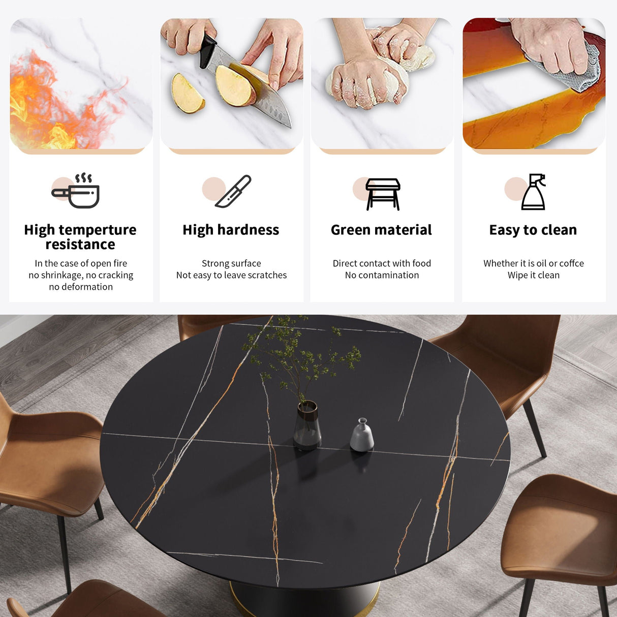 59.05" Modern Artificial Stone Round Black Carbon Steel Base Dining Table, Can Accommodate 6 People - Black by Couch.com