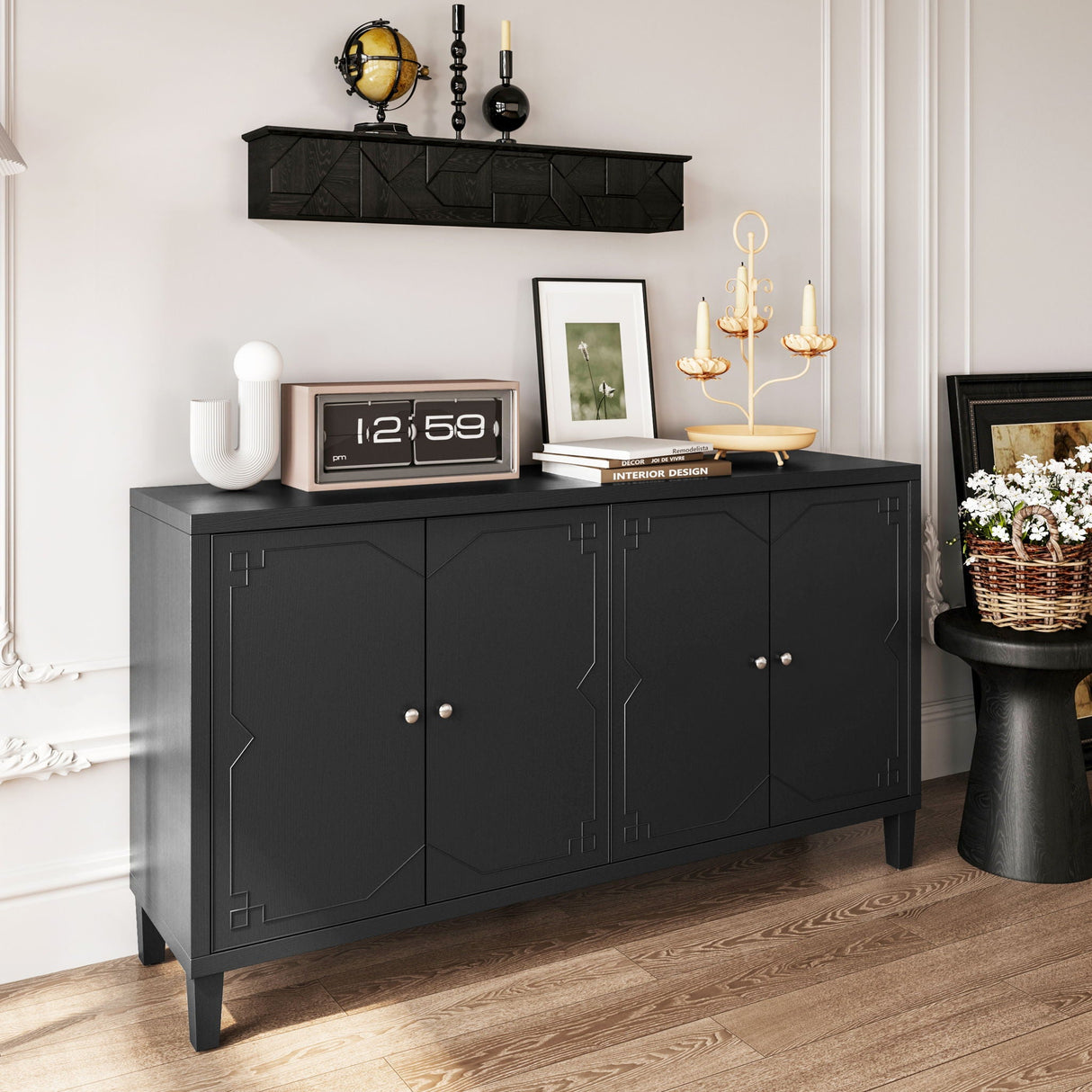 Accent Cabinet 4 Door Wooden Cabinet Sideboard Buffet Server Cabinet Storage Cabinet, For Living Room, Entryway, Hallway, Office, Kitchen And Dining Room - Matte Black by Couch.com