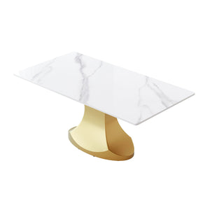 70.84" Modern Artificial Stone Panel Golden Stainless Steel Curved Legs, Can Accommodate 6-8 People - White / Gold by Couch.com