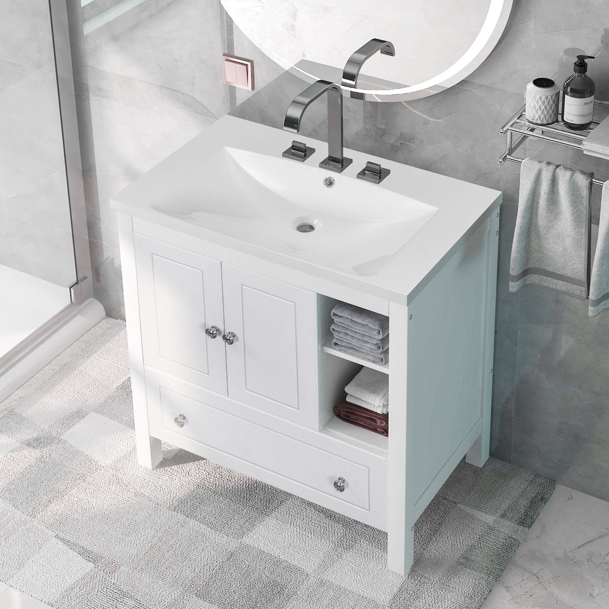 Solid wood bathroom vanity with ceramic sink features cabinet doors and drawers for storage. Includes a towel rack, mirror, and nearby toiletries for convenience. Neatly folded towels are visible on the open shelf.