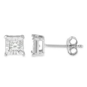.925 Sterling Silver 1/4 Cttw Princess-Cut Square Near Colorless Diamond Solitaire Miracle-Plate Stud Earrings (H-I Color, I2-I3 Clarity)