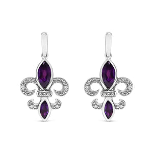 .925 Sterling Silver Marquise Cut Amethyst and Diamond Accent Fleur De Lis Dangle Stud Earrings (H-I Color, SI1-SI2 Clarity)