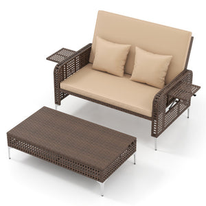2 Piece Patio Rattan Daybed Wicker Loveseat and Ottoman with Adjustable Backrest-Brown