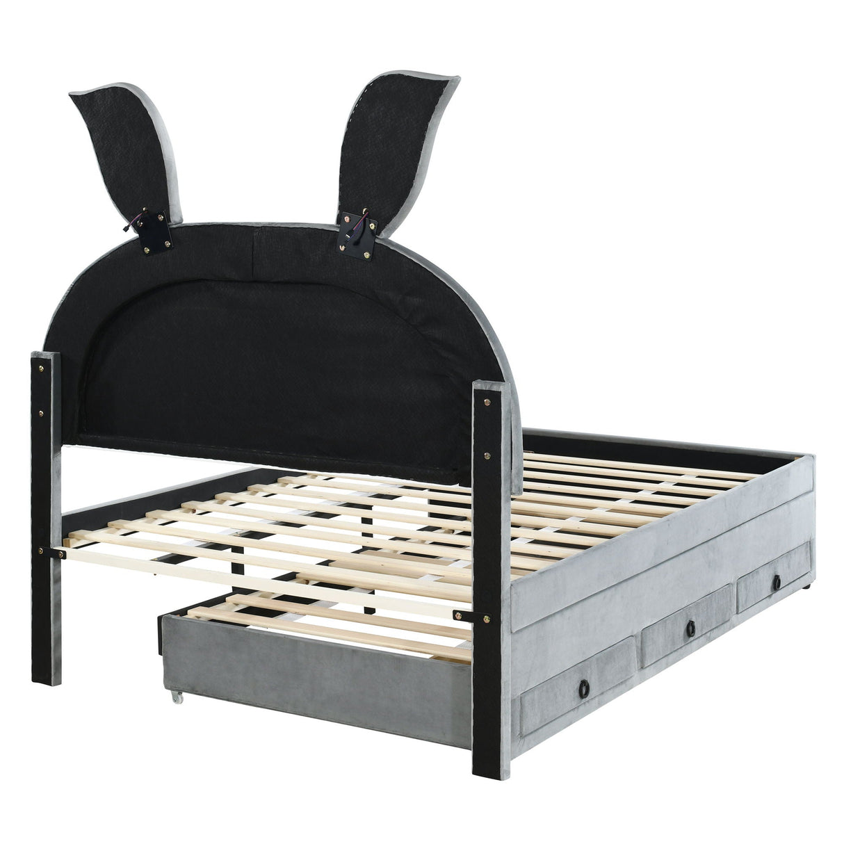 Upholstered Platform Bed With Trundle And 3 Drawers, Rabbit-Shaped Headboard With Embedded LED Lights by Couch.com