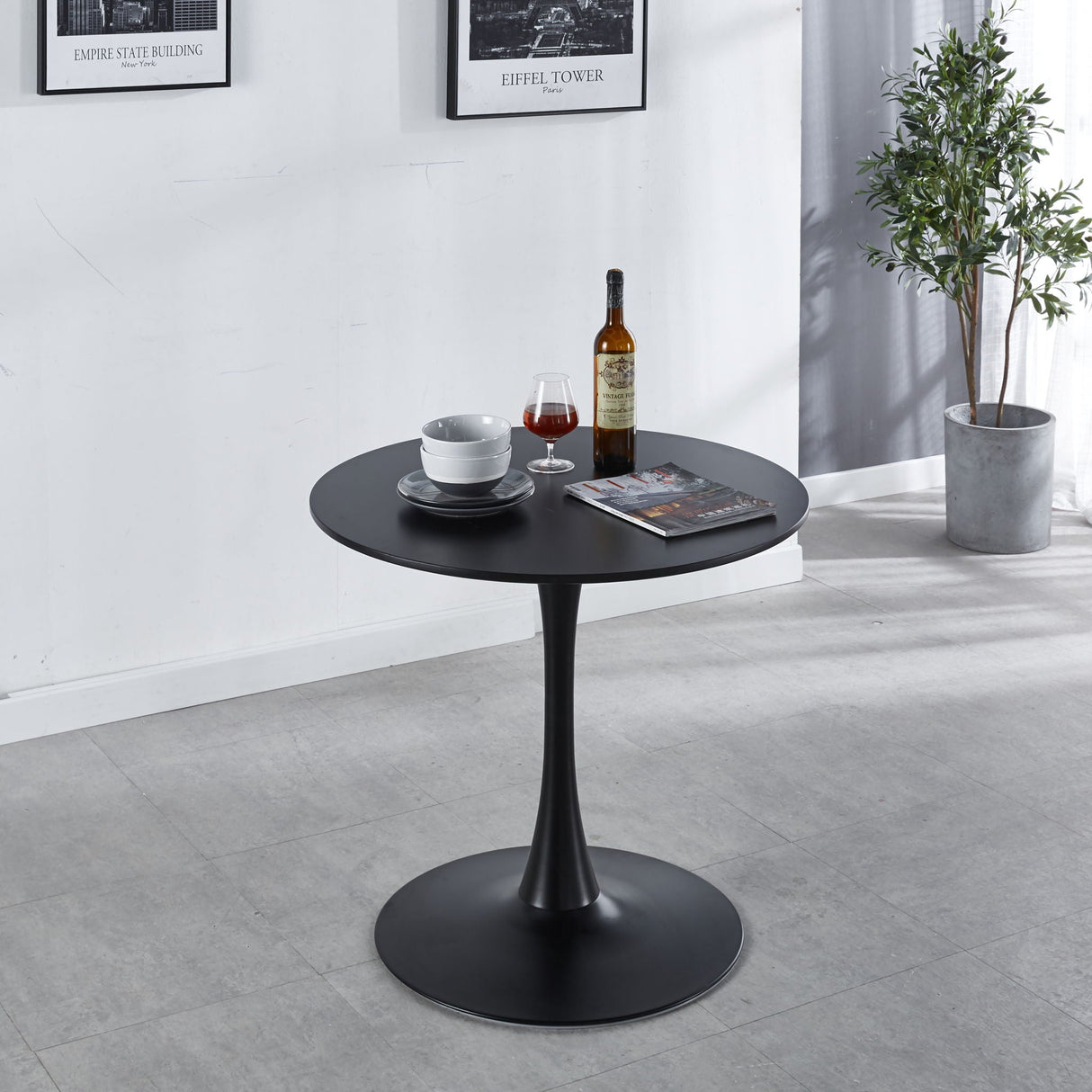 31.5" Tulip Table Mid-Century Dining Table For 2-4 People With Round MDF Table Top, Pedestal Dining Table, End Table Leisure Coffee Table - Black by Couch.com