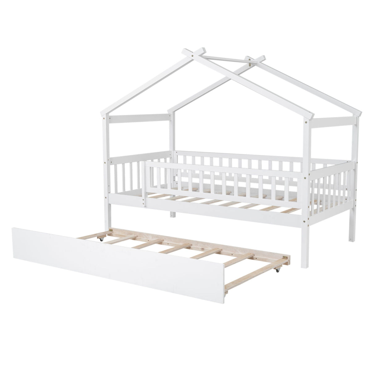 The Creativity House Bed With Twin Size Trundle is a white children's bed frame, shaped like a house with a slatted design. It features a partially extended pull-out trundle, showcasing wooden slats, and its simple, clean design adds a playful touch to the furniture.