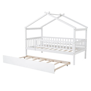 The Creativity House Bed With Twin Size Trundle is a white children's bed frame, shaped like a house with a slatted design. It features a partially extended pull-out trundle, showcasing wooden slats, and its simple, clean design adds a playful touch to the furniture.