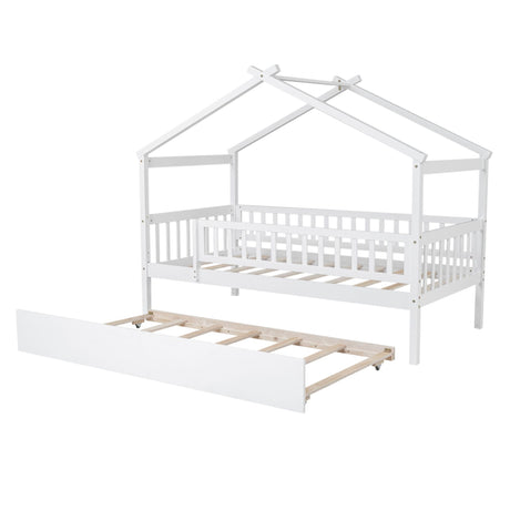 The Creativity House Bed With Twin Size Trundle is a white children's bed frame, shaped like a house with a slatted design. It features a partially extended pull-out trundle, showcasing wooden slats, and its simple, clean design adds a playful touch to the furniture.