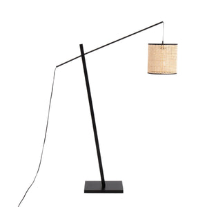 Arturo Contemporary Floor Lamp in Black Wood and Steel with Rattan Shade