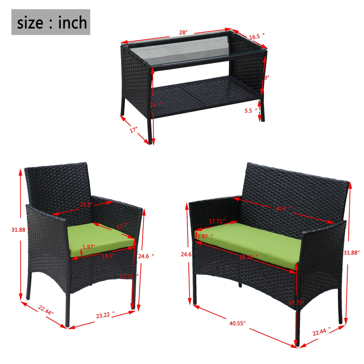 4 PC Rattan Patio Furniture Set Outdoor Cushioned Wicker Sofa Green Cushion