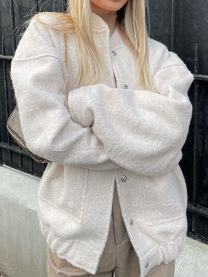 Autumn Casual Full Size Drop Shoulder Snap Down Jacket with Buttoned Front and Pockets