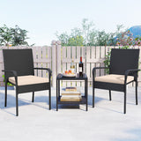3 Piece Patio Furniture Set with Seat Cushions and Tempered Glass Tabletop-Beige