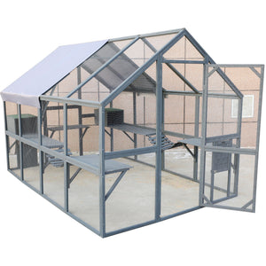 Spacious Wooden Cat Catio Outdoor Kitty House With Bridges And Roof Cover - Gray