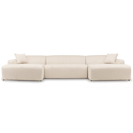 A contemporary beige sectional sofa named the Mar - High-Quality Sectional Sofa features three connected pieces and two matching cushions, showcasing a minimalist design with sleek lines. The sofa is set against a simple white backdrop.