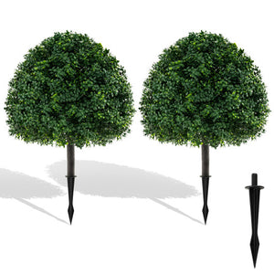 28 Inches Artificial Boxwood Topiary Ball Tree Set of 2 with Ground Spike-Green