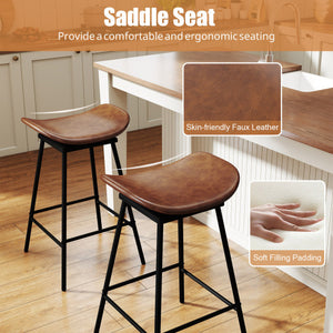 Set of 2 Swivel Barstools Faux Leather Upholstered Backless with Footrest-Brown