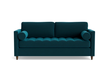 The Briar Sleeper Sofa is showcased against a plain black background, featuring button-tufted cushions and cylindrical armrests in a dark teal color. It boasts wooden legs and a modern design.