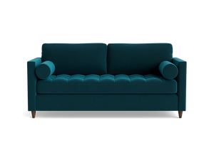 The Briar Sleeper Sofa is showcased against a plain black background, featuring button-tufted cushions and cylindrical armrests in a dark teal color. It boasts wooden legs and a modern design.