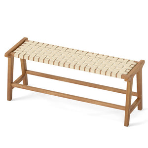 47 Inches Long Teak Wood Patio Bench with Weave Seat and Solid Wood Legs-Natural