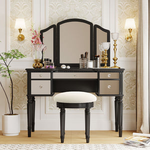 Dressing Table Set With Mirrored Drawers And Stool, Tri-Fold Mirror, Makeup Vanity Set For Bedroom by Couch.com