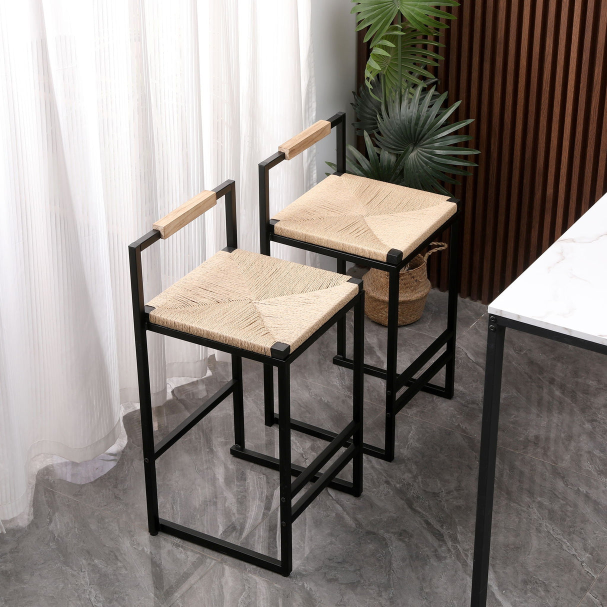 Stylish (Set of 2) Bar Stools With Backrest And Paper Rope Woven Seat, Counter Height Dining Chairs For Kitchen - Natural by Couch.com