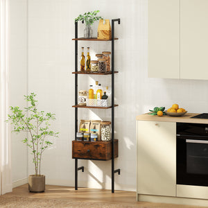 5-Tier Ladder Bookcase with Drawer and Metal Frame for Study Home Office-Rustic Brown