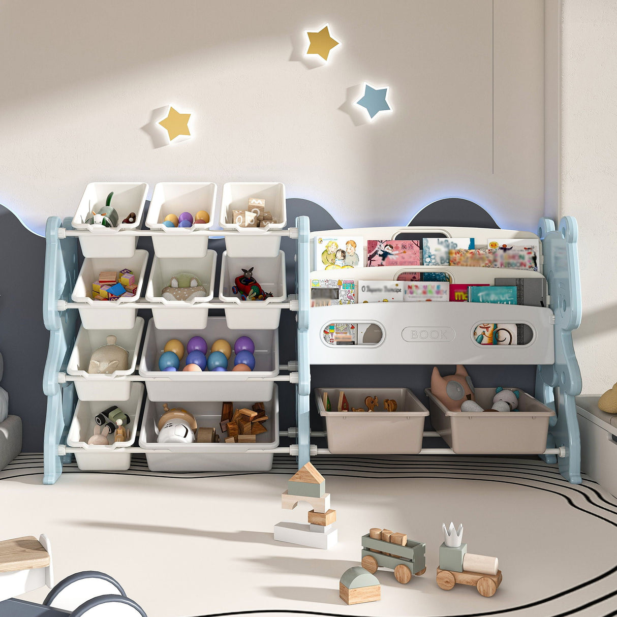 Kids Toy Storage Organizer With 2 Tier Bookshelf, Toy Storage With 12 Bins