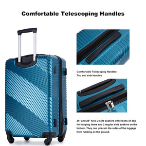 Blue rolling suitcase from the 3 Piece Luggage Set features a telescoping handle, ribbed diagonal pattern, and close-up insets of top and side handles. The text describes features: "24'' and 28'' sizes include two side soakers with hooks on top" to prevent rubbing.