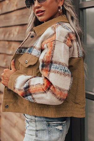 Plaid Corduroy Flap Pockets Button Up Jacket Trendy Outerwear With Classic Flap Pockets For Casual Comfort