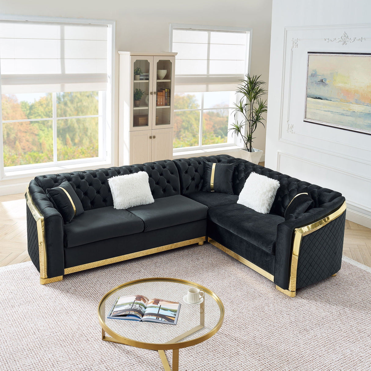 L Shaped Chesterfield Sectional Sofa With Stainless Steel Accents