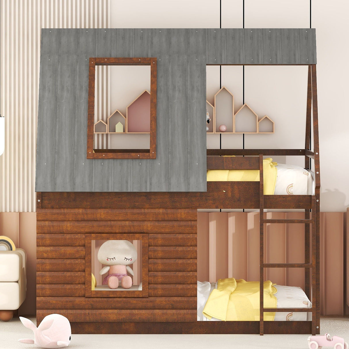 Wood Twin Size House Bunk Bed With Roof, Ladder And 2 Windows - Oak & Smoky Gray by Couch.com