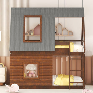Wood Twin Size House Bunk Bed With Roof, Ladder And 2 Windows - Oak & Smoky Gray by Couch.com