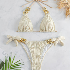 Bikini Ruched Texture Golden Chain 2 Piece Triangle Swimsuit for Women – Striped Halter Bikini Set with Bow Tie Side and Elegant Ring Link Detail – Stretchy Beachwear for Pool Bathing and Summer Vacations