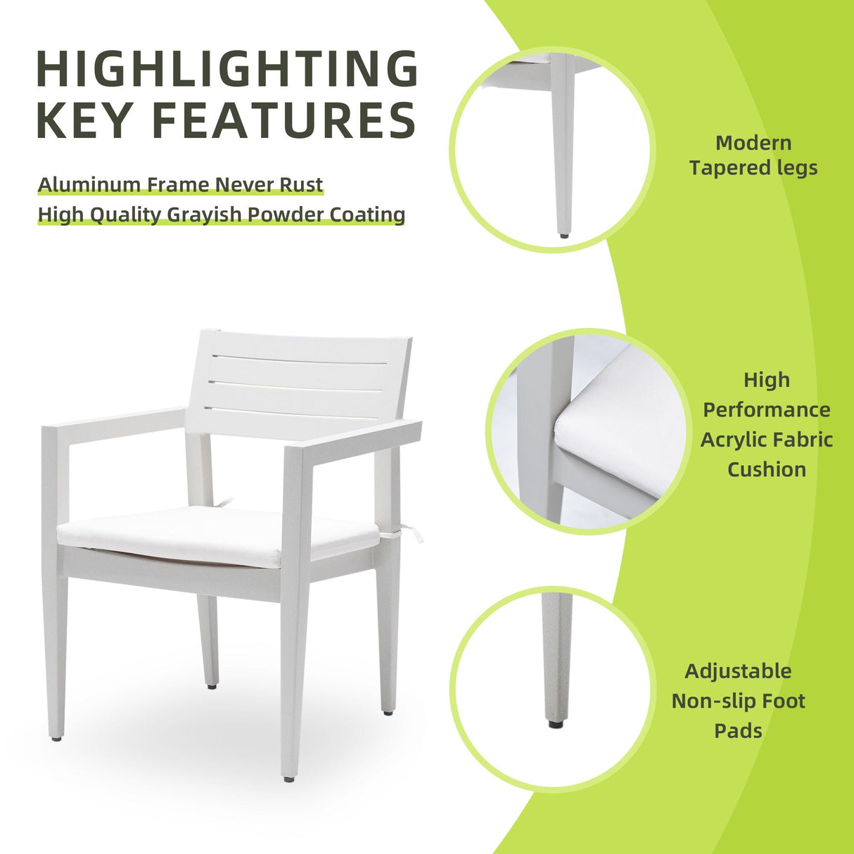 Outdoor Patio Aluminum Stationary Dining Chairs With Outdoor-Grade Sunbrella Fabric Cushions, Tapered Feet (Set of 4) by Couch.com