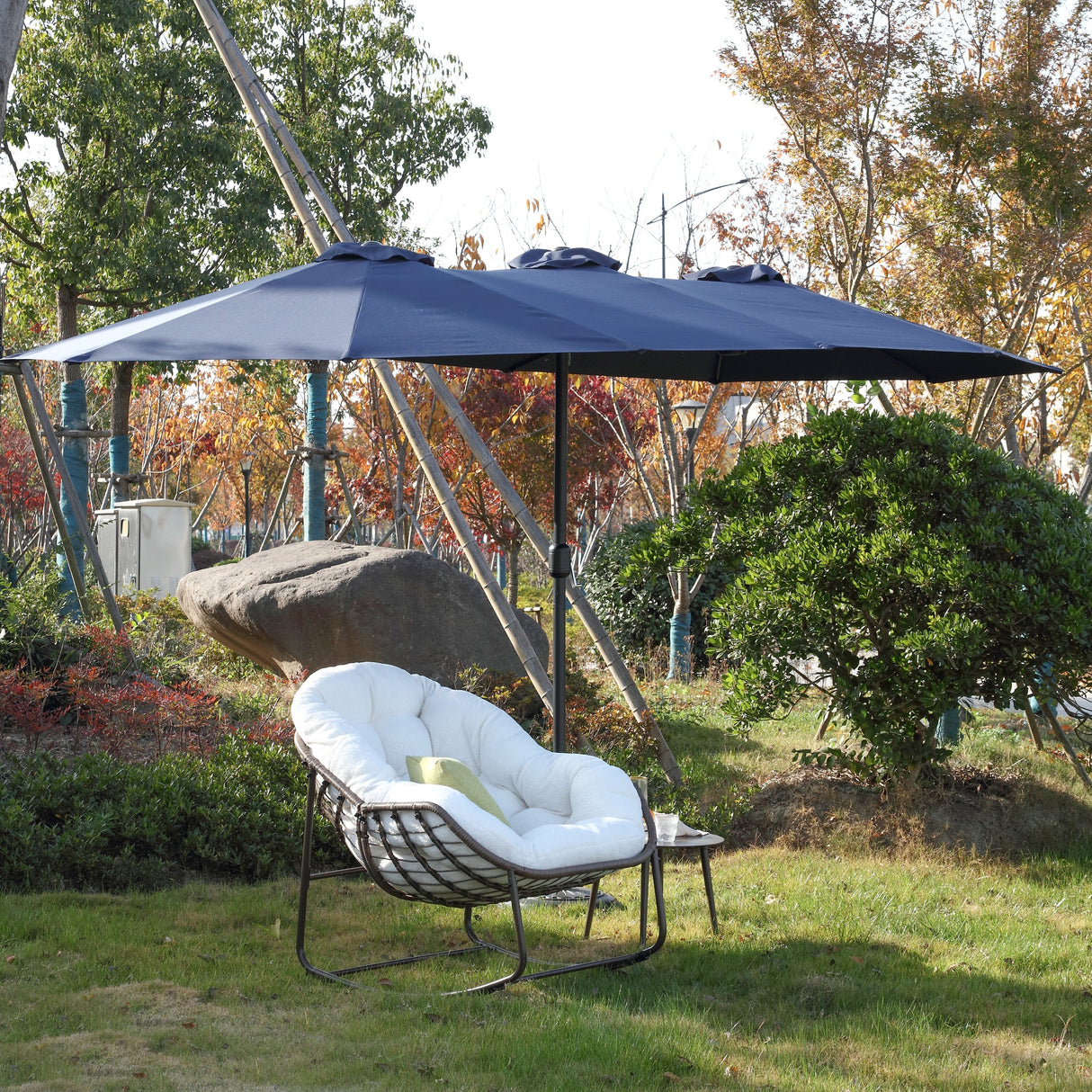 14.8 Ft Double Sided Outdoor Umbrella Rectangular Large with Crank (Navy Blue)