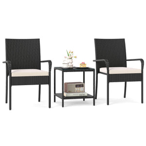 3 Piece Patio Furniture Set with Seat Cushions and Tempered Glass -White