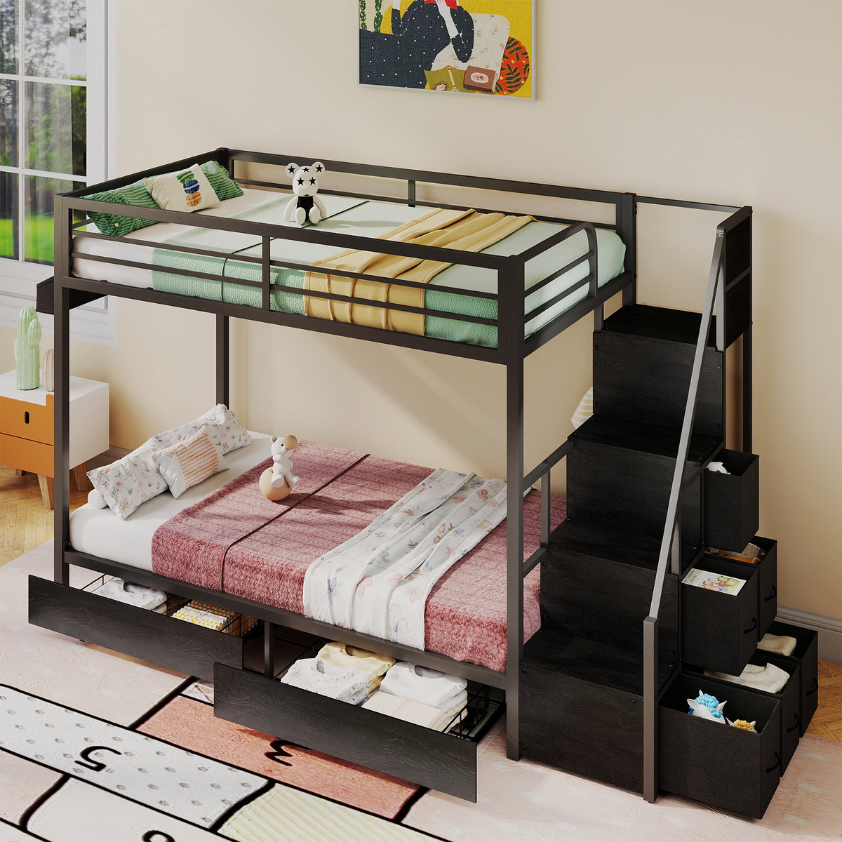 Bunk Bed Twin Over Twin with Stairs, 8 Storage Drawers ,Full-Length Guardrail, Space-Saving Bed for Dorm, Bedroom, Apartment