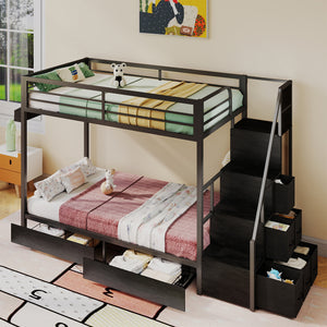 Bunk Bed Twin Over Twin with Stairs, 8 Storage Drawers ,Full-Length Guardrail, Space-Saving Bed for Dorm, Bedroom, Apartment