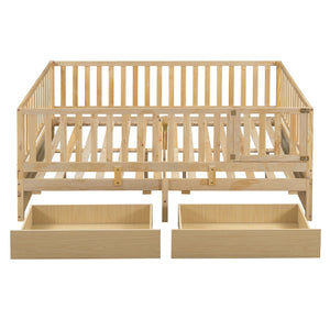 Daybed With Fence Guardrails And 2 Drawers, Split Into Independent Floor Bed & Daybed by Couch.com