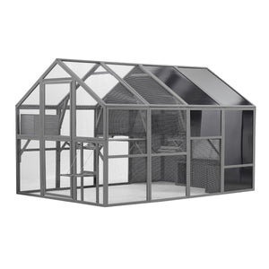 Luxury Cat Cage Outdoor Wooden Catio Enclosure Patio Large Cat Run House For Multiple Pets Walk In Kitten Kennel With Bouncy Bridge, Platforms, Small Houses, Seating And Sunshine Panel - Gray by Couch.com